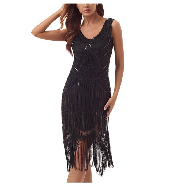 Birdeem Robe pour Femmes de Printemps et d'Été à Col Rond Sans Manches avec Paillettes et Franges en Forme de Boule, Robe de Fête, Banquet, Danse, Robe Courte