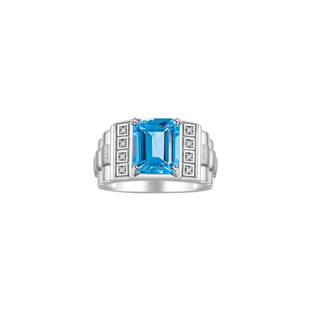 RYLOS Men's Rings Sterling Silver Designer Style 10X8MM Emerald Cut Shape Gemstone & Diamonds Blue Topaz December Birthstone Rings For Men Size 8
