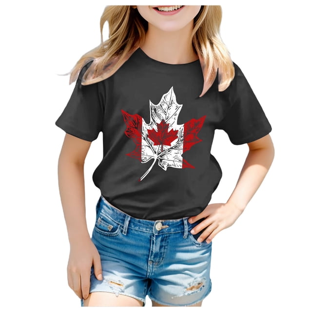 PMVFHDE Canada Day T-Shirt à Motif Imprimé de Feuille d'Érable Haut Musical Filles T-Shirt à Manches Courtes T-Shirt d'Été à Col Rond Coupe Décontractée Chandails de Base
