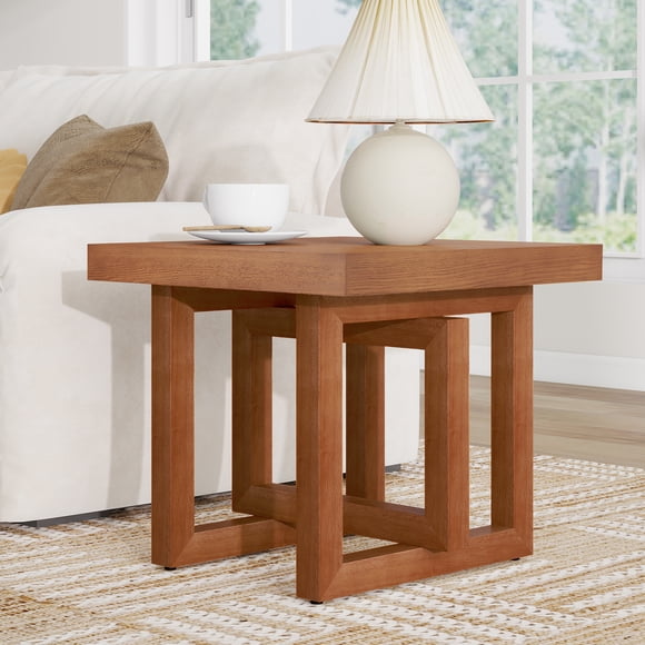 Noble House Solid Wood End Table, Farmhouse Sofa Side Table with Non-Slip Feet for Living Room Bedroom,Beige Brown