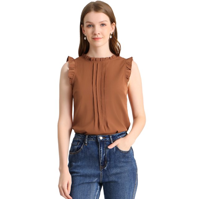 INSPIRE CHIC Blouse Sans Manches pour Femme, à Volants, Plissée, Blouse CHIC pour le Travail, TP, Brun