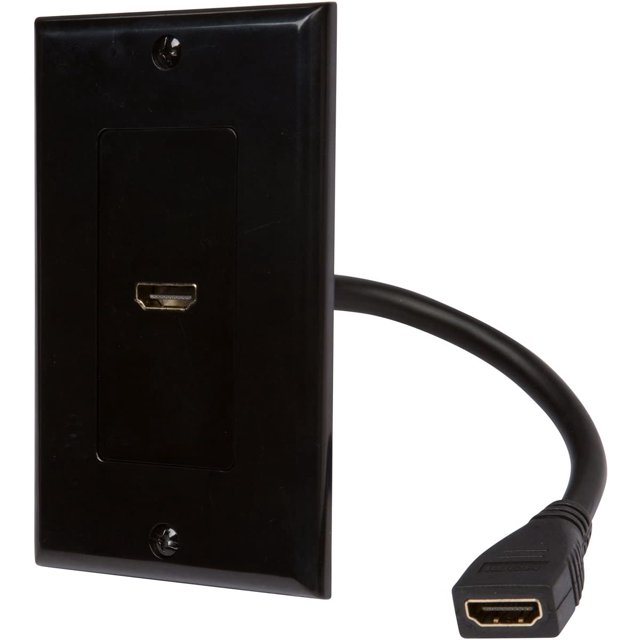 Buyer's Point HDMI Wall Plate with 6-Inch Pigtail Built-In Flexible Hi-Speed HDMI Cable with Ethernet, shown in black. This 2-piece Decora single outlet port insert features a discreet design for neat cable management, ideal for home theater systems. The wall plate includes a heavy-duty screw-free back connector for durability and supports HDMI 2.0, 4K, 3D, ARC, and Ethernet channel compatibility. The flexible female-to-female pigtail cable ensures easy access and installation, fitting standard wall sockets.