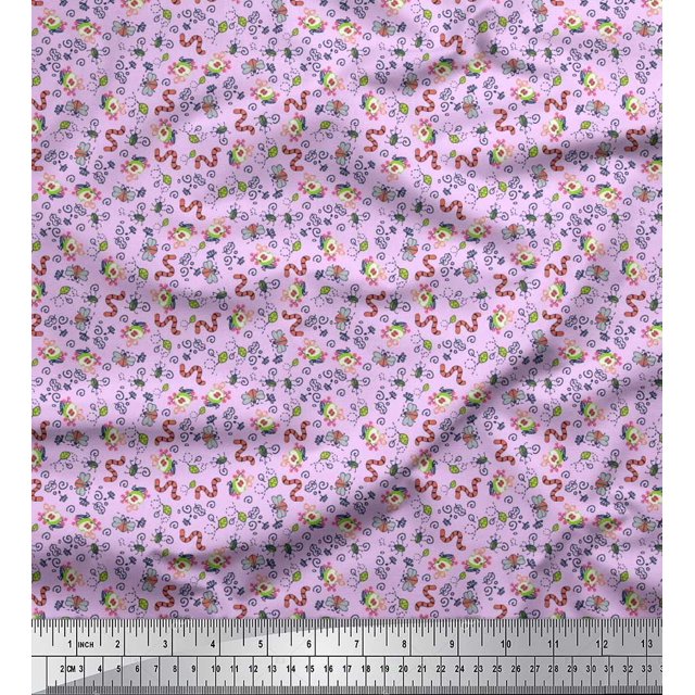 Soimoi Satin Silk Fabric Earthworm,Fruit & Insect Printed Fabric 1 Yard 42 Inch Wide