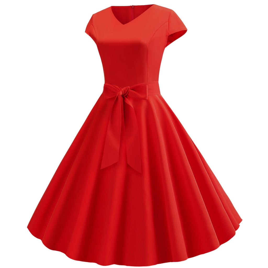 amazon ladies swing dresses FcBaudy Short Sleeve V-Neck Dress,Summer for Women,Womens Dresses Women Vintage Short Sleeve 50s Housewife Casual Evening Party Prom Dress bouncing skirts on all sides 37 inches