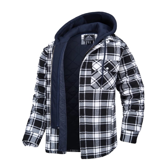 MAWCLOS Men's Flannel Hooded Coat Winter Plaid Jackets Black White S