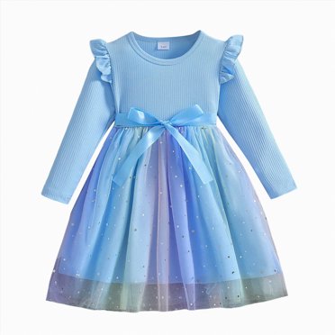Zanarzt Robes Mignonnes Filles Robe Tutu pour Enfants Robe en Chiffon pour Petite Fille Automne et Hiver à Manches Longues Robe de Fête Bleu, 5-6 Ans