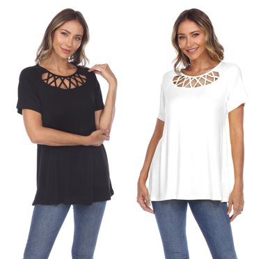 White Mark Haut à Manches Courtes Noir à Encolure Croisée pour Femmes, Lot de 2