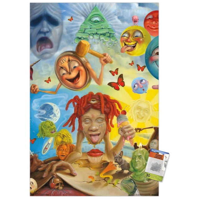 Trippie Redd - Affiche Murale Artistique, 22,375 Po x 34 Po Encadrée Représentant des Personnages Surréalistes, Dont une Horloge avec des Bras Tenant un Marteau, une Pyramide Verte avec un Oeil, des Visages Colorés et Expressifs, des Papillons Rouges, un cupcake avec des Lèvres, un Petit Chien et des Éléments Fantaisistes sous un Ciel Lumineux avec des Rayons de Soleil.