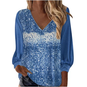 AherBiu Womens Long Sleeve Tops Sequin V Neck Sparkly Party Shirts Going out Tops for Women Tunic Blouse