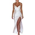 thumbnail image 1 of SUNSIOM Robe Longue en Satin à Bretelles Spaghetti pour Femme, Robe Midi à Col Bénitier, Fente Haute, Robe d'Été pour Fête, 1 of 9