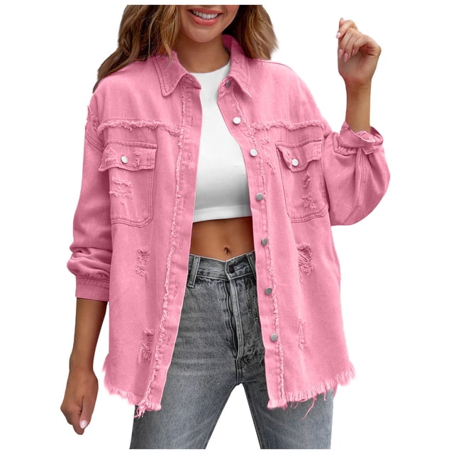 RXMEKW Denim Jacket for Women with Fringe and Ripped Detail Long Sleeve Lapel Button Coat Gray Size L