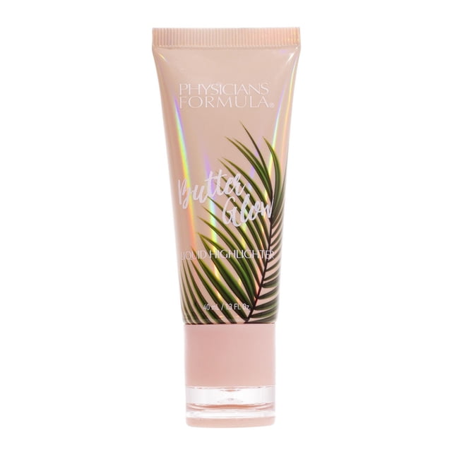 BUTTER GLOW LIQUID HIGHLIGHTER by Physicians Formula in a 40 ml iridescent beige tube with pink cap, featuring green palm leaf graphics and white text, a hydrating liquid highlighter infused with Amazonian butters to enhance skin's natural glow and texture, suitable for use alone or under makeup.