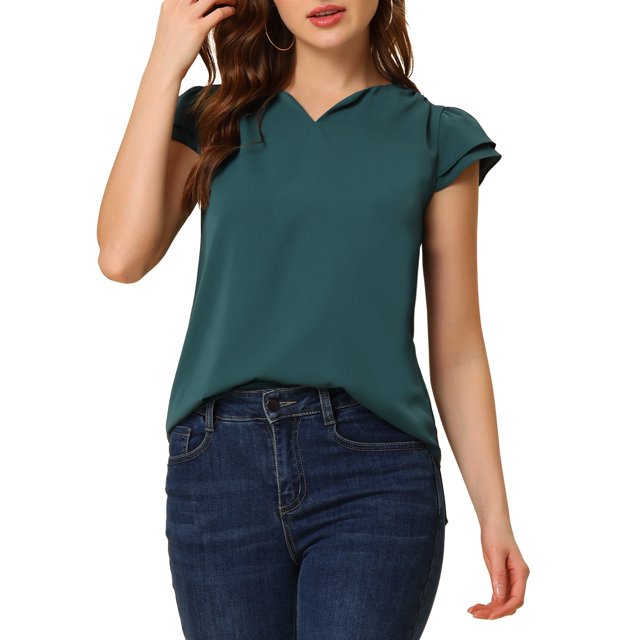 INSPIRE CHIC Women's Solid Blouse V Neck Ruffle Cap Sleeve Lightweight Work Blouse XS Deep Green