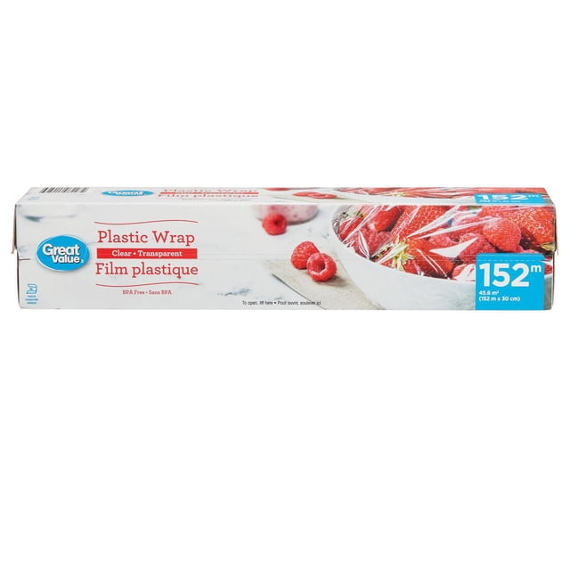 Great Value Clear Plastic Wrap box with 152 meters by 30 cm BPA free transparent food wrap, showing packaging with a bowl of strawberries covered in plastic wrap and raspberries on a cloth, suitable for food storage and kitchen use.