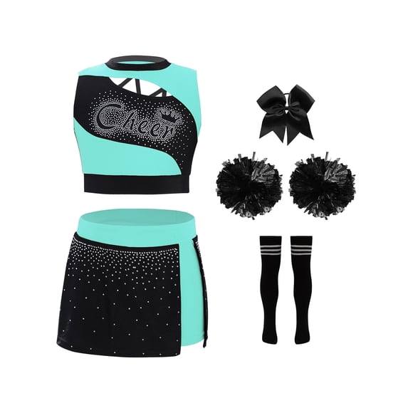 Runhomal Robe d'Uniforme de Pom-Pom Girl pour Enfants Tenue de Danse de Cheerleading Haut Court à Paillettes Jupe avec Pompons Attache-Cheveux Bleu Vert 12