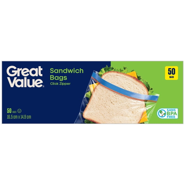 Great Value Sandwich Bags, Zipper Seal, 50 Bags