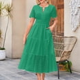 thumbnail image 2 of biudgviw Robes Maxi pour Femmes Été Manches Courtes Col en V Oeillets Ajouré à Étages Robe Trapèze Fluide Robe de Plage Vacances, 2 of 5