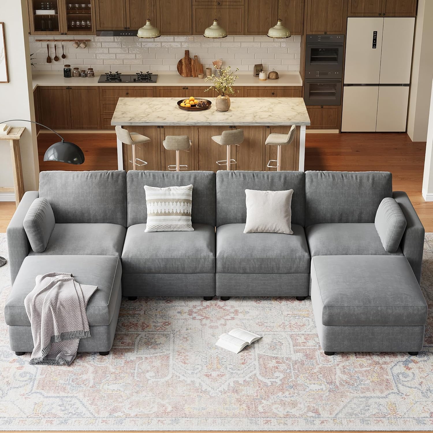 Oversized Modular Sectional Sofa, 6 Seater Sectional Couch, 136" U Shaped Sofa with Movable Ottoman, Convertible Modular Couch for Living Room Apartment and Office, Chenille Grey