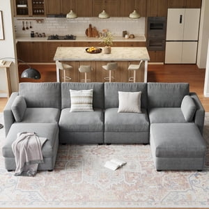 Canapé modulaire de section surdimensionné, 6 Couch sectionnel de la couture, 136" U Canapé en forme avec Movable Ottoman, Canapé modulaire convertible pour le salon Appartement et bureau, Chenille Grey