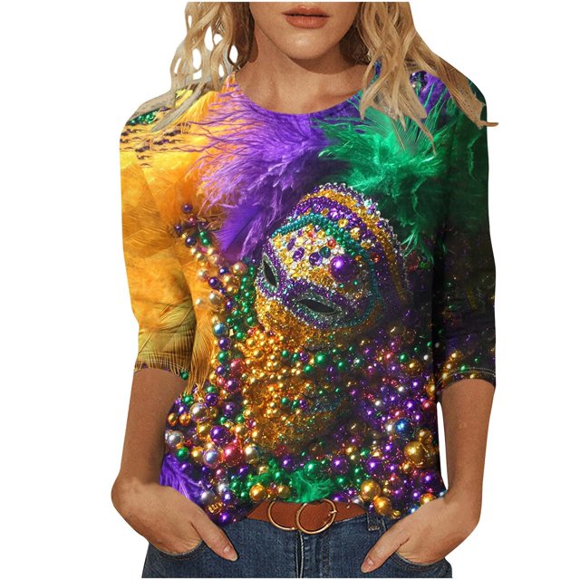 Penkiiy T-shirt Blouse Décontractée à Manches 3/4 et Col Rond pour Femmes, Impression Mode Mardi Gras, TG Multicolore
