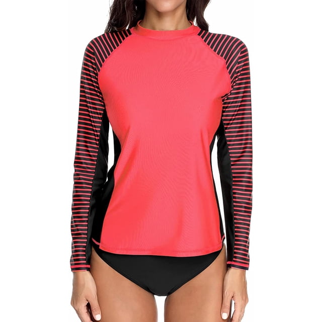 Charmo Womens Long Sleeve Rash Guard Striped Swim Shirts Sun Protection UPF 50+