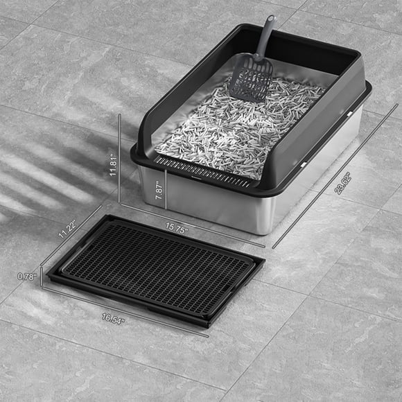 Grande Litière pour Chat en Acier Inoxydable - 8 Pouces de Profondeur, Antiadhésive, Étanche avec Couvercle, Tapis et Pelle pour Grands Chats
