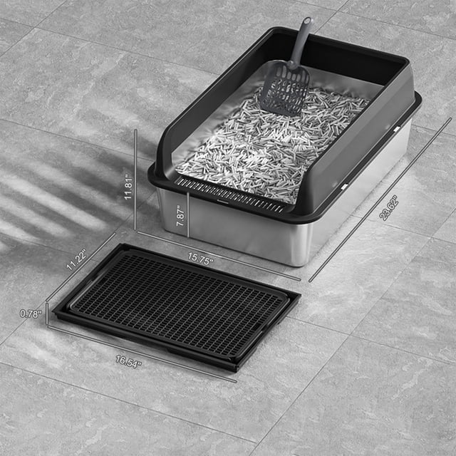 Jumbo Stainless Steel Cat Litter Box with an 8-inch deep design, featuring a non-stick, leakproof surface. Includes a black lid, double-layer litter mat, and scoop. The box measures 24.02 inches long, 16.14 inches wide, and 9.45 inches high, suitable for large cats. The seamless high side walls prevent litter scatter and control odors, while the included mat traps stray litter for easy cleanup. Ideal for modern pet owners seeking durable and easy-to-clean accessories.