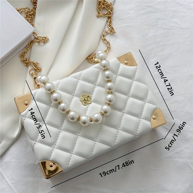 Trendy Square Crossbody Box Bag - Quilted Faux Leather with Buckle Closure, Faux Pearls Chain Strap, and Soft Lining - Perfect for Daily Use