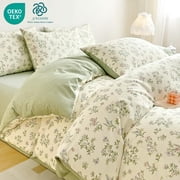 Jolusere 100% Organic Cotton Duvet Cover King, 3 Pieces White with Green Leaves Pink Flowers Reversible Soft Duvet Cover for Adults All Season
