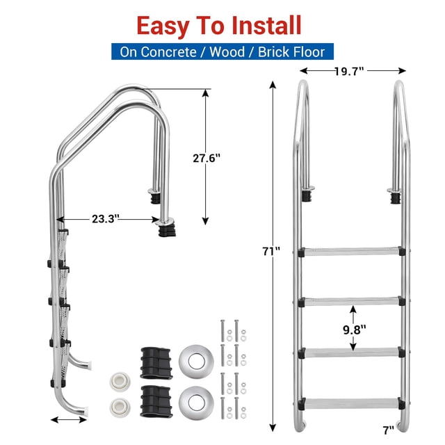 EDTara Heavy Duty Stainless Steel Pool Steps, Non-Slip Swimming Pool Ladder for Deep End, Easy Assembly, 380lbs Load Capacity - Perfect for Indoor/Outdoor Pools