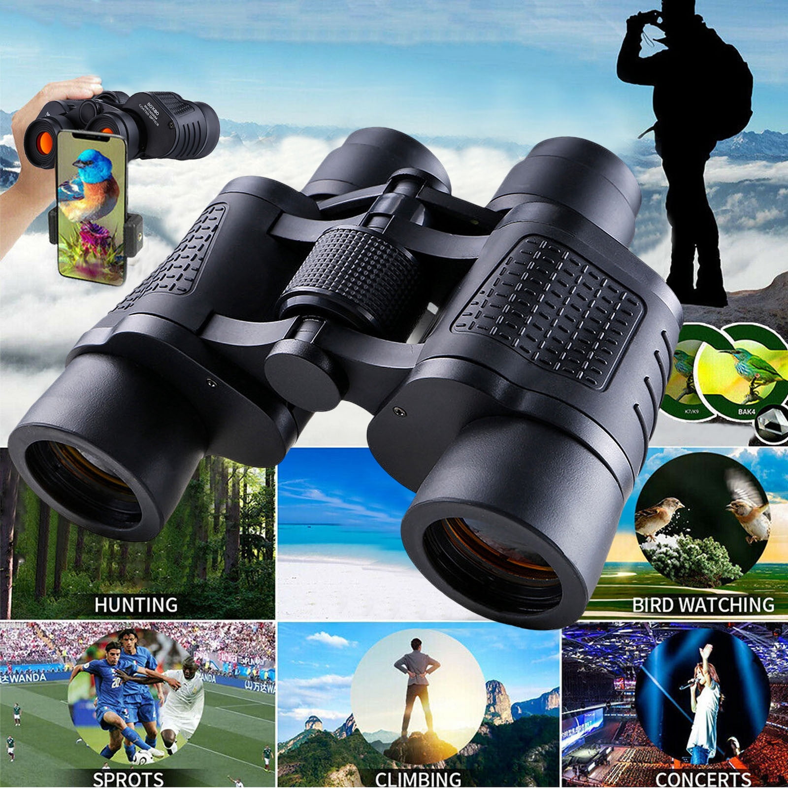 High Performance 80x80 Binoculars for Day and Night Outdoor Travel Observation with Carrying