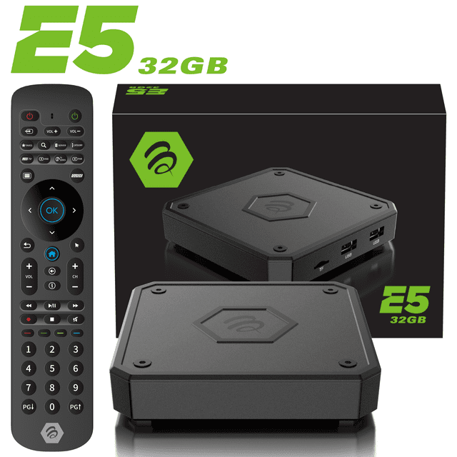 BuzzTV E5 Boîtier Intelligent avec Android 11, Doté de 2 Go de RAM et de 32 Go de Stockage. le Décodeur Présente un design Noir Épuré avec un logo hexagonal sur le Dessus, un port d'Alimentation USB-C et un Bouton d'Alimentation Latéral. Comprend une Télécommande Ergonomique IR-200 avec Plusieurs Boutons de Fonctions. l'Emballage Met en Valeur la Marque E5 et les Spécifications.
