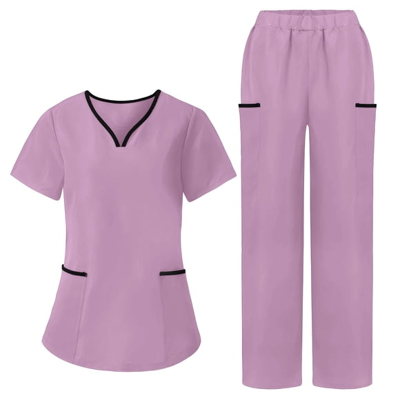SZJXBUY Plus Size Scrub Sets for Woman Summer Casual Basic Medical Nurse Housekeeping Uniform Cleaning Uniforms V Neck Top & Pants with Multi Pockets Outfit Purple,L