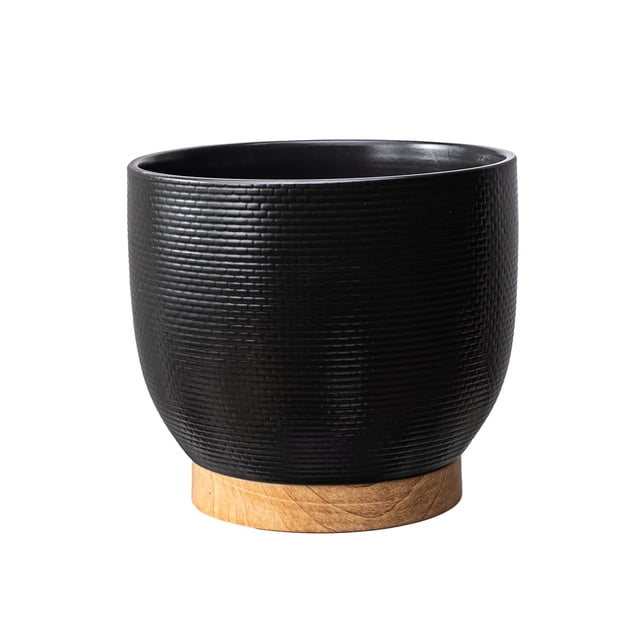 BHG 10 inch Channing Woven Black Ceramic Planter with a textured woven black ceramic body and wood-grain ceramic base, measuring 10.2 inches diameter and 9.3 inches high, featuring a removable drainage hole, suitable for medium-size indoor or outdoor plants and herbs.
