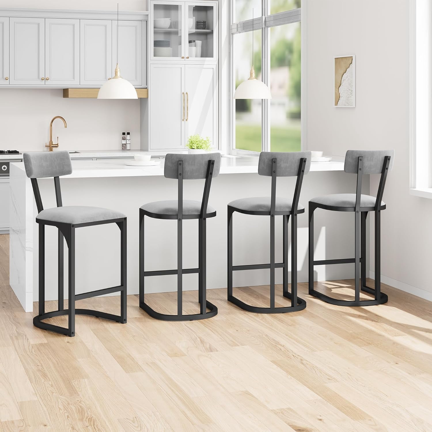 Bar Stools Set of 4, Counter Height Bar Stools, Curved Back with Metal Frame Island Chairs with Upholstered Modern Tall Barstools Counter Stools for Kitchen Dining Room (Gray)