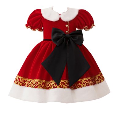 XIMIN Robes de Fête de Noël pour Bébés Filles, Manches Bouffantes, Polaire Duveteuse, Col Trench, Garniture en Fourrure, Robe de Princesse avec Nœud, Mignonne Robe de Fête de Noël en Velours