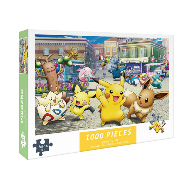 Jigsaw Puzzles for Adults Kids 1000 Pieces featuring a vibrant Pokémon-themed design with characters like Pikachu, Eevee, and Togepi in a lively town setting. The puzzle measures 29.5 x 19.69 inches (75 x 50 cm) when completed and includes a high-definition reference poster. Suitable for ages 14 and up, it promotes intellectual development, patience, and creativity. Made from high-quality recycled cardboard with a durable finish.