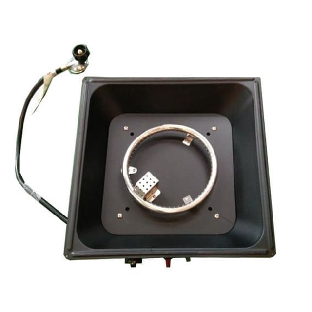 Paramount 50,000 BTU Convertible Square Burner with 304 grade stainless steel circular burner in a black high temperature painted steel square pan, includes propane hose and regulator for 20 lb propane tanks, ideal for upgrading fire pit tables.