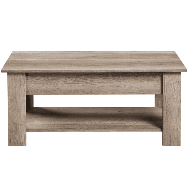 Fullfurnique Lift Top Coffee Table in gray wood finish with a rectangular shape, sturdy thick legs, a lift-top tabletop that raises to 25 inches, large hidden storage compartment beneath, and an adjustable open shelf below, ideal for small living rooms and multifunctional spaces