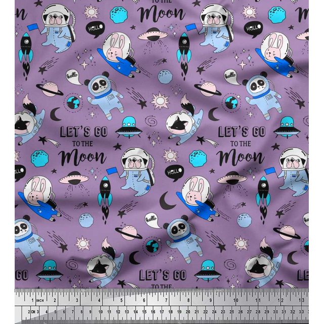 Soimoi Polyester Crepe Fabric Planet,Rocket & Astronaut Animals Cartoon Fabric Prints by Yard 52 Inch Wide