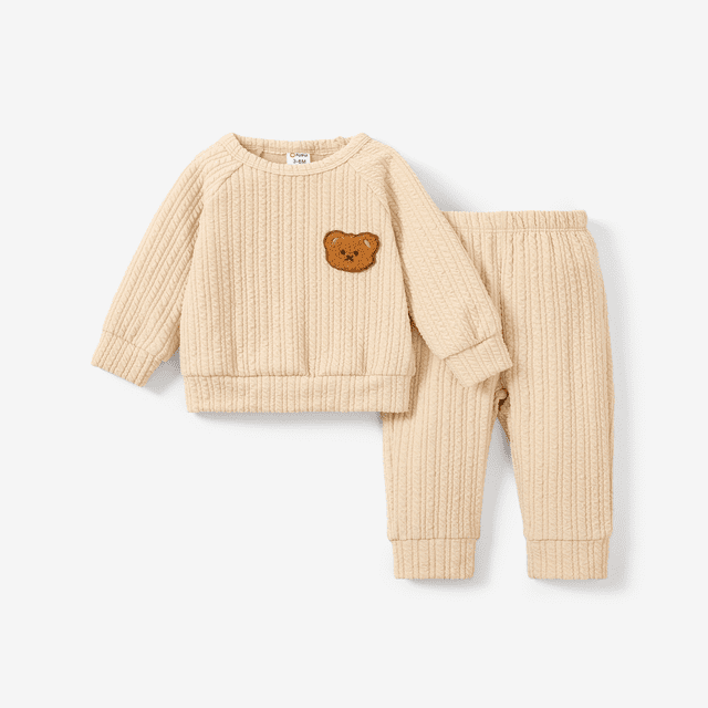 PatPat 2pcs Baby Girl/Boy Bear Embroidered Textured Top and Pants Set
