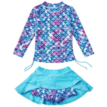 PMVFHDE V Swimwear Girls Swimsuit Two Piece Long Sleeve Swimsuit Sets For Girls 3 10Years Bathing Suit Girl Blue,3-4 Years