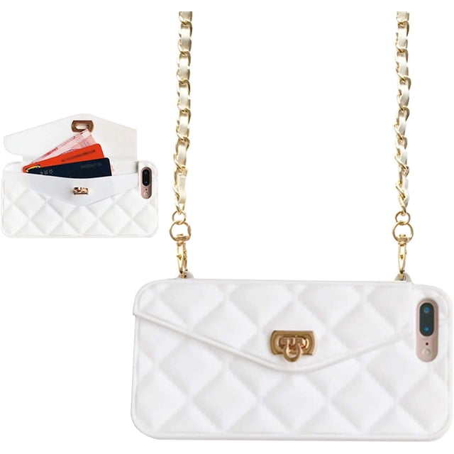 Wallet Case Compatible with iPhone, Pretty Luxury Bag Design, Purse Flip Card Pouch Cover Soft Silicone Case with Hand Holder Long Shoulder Strap(White,iPhone 11)