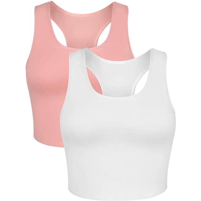 Charmo Crop Tank Tops for Women Built-in Shelf Bra Racerback Cotton Sports Crop Top 2 Pack