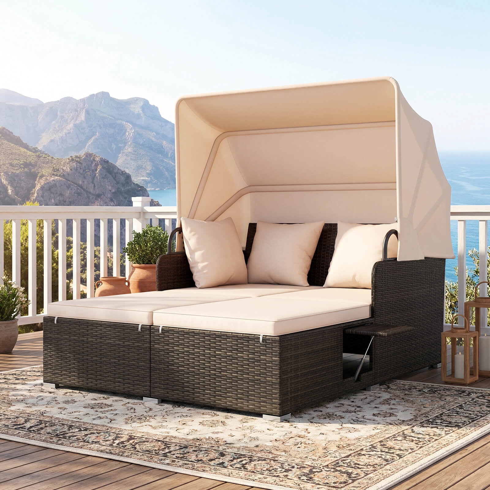 Costway Patio Rattan Daybed Lounge Retractable Top Canopy Side Tables Cushions Beige Mix Brown + Beige
