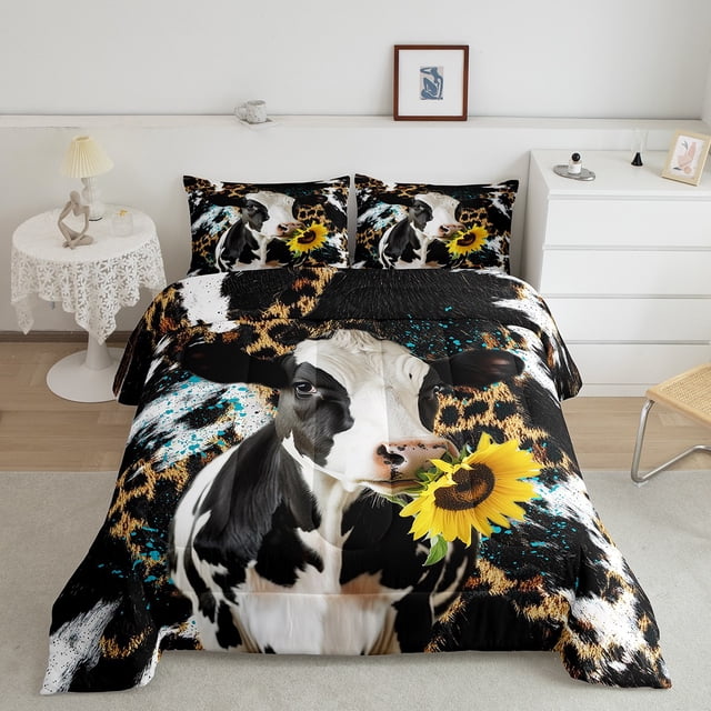 Erosebridal Animals Cow Bedding Sets Queen with Comforter, Rustic Sunflower Duvet Insert, Cheetah Leopard Decor, Reversible 3pcs