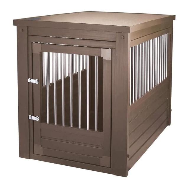 New Age Pet InnPlace Large Brown Dog Crate with stainless steel spindles shown in a 3/4 front view. The brown ECOFLEX composite crate features vertical stainless steel bars on the door and sides, a flat top doubling as an end table, and stainless steel latch hardware. Designed for dogs up to 80 lbs, it is moisture and odor resistant for easy cleaning.