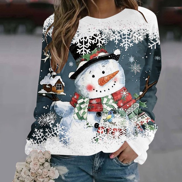 cllios Chandails de Noël pour Femmes T-Shirts de Fête des Fêtes T-Shirts Fantaisie Bonhomme de Neige Flocons de Neige T-Shirts Graphiques Confortables Doux Col Rond Manches Raglan Chandails à Enfiler