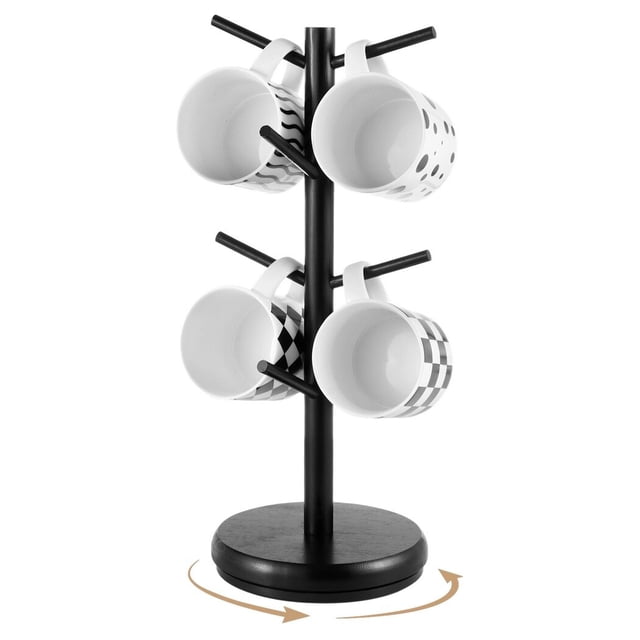 Mug Holder Tree, 8 Hooks Coffee Cup Holder with 360° Rotating Base, Wooden Mug Tree Coffee Cup Rack, Mug Stand Coffee Mug Organizer Station for Kitchen Coffee Bar Office