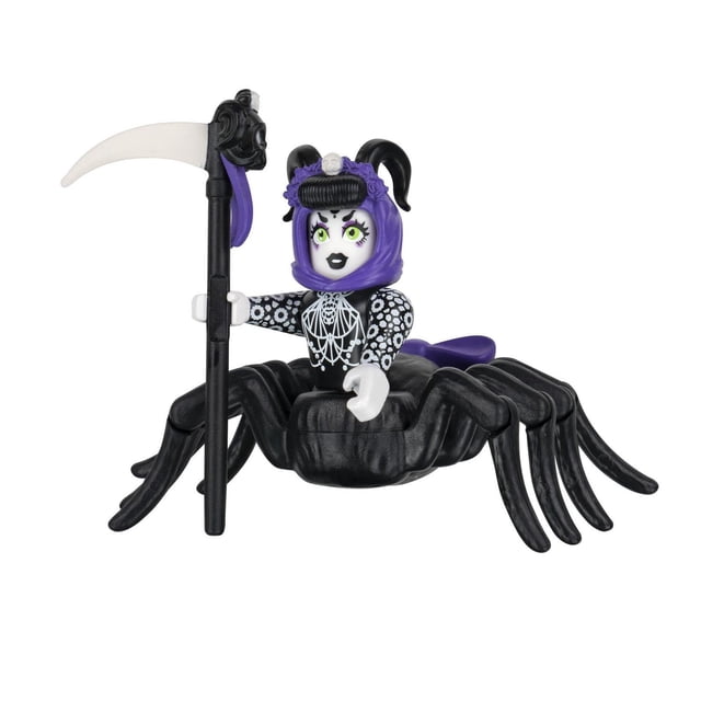 RoBlox Mystery Pack - Sororité Étoilée : Figurine d'Action Rosalia Mettant en Vedette un Bas-Corps d'Araignée Noir avec Huit Jambes, un Haut de Torse Humanoïde Habillé d'Un Haut à Motif Toile d'Araignée Noir et Blanc, Tenant un Bâton Noir avec une Lame Courbée Blanche, et Portant une Coiffe Violette avec des Cornes Noires et une Queue Violette, sur Fond Blanc.